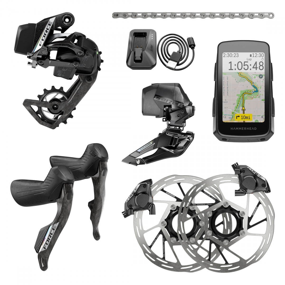 Group Kit Sram Force Etap AXS 2X E1 HRD Hammerhead KAROO/SHIFTER/HYD ED FM FD/CHAIN 114L/RD 36T Max BAT/FD/160 CL/BAT-CHARGER-CORD (P)