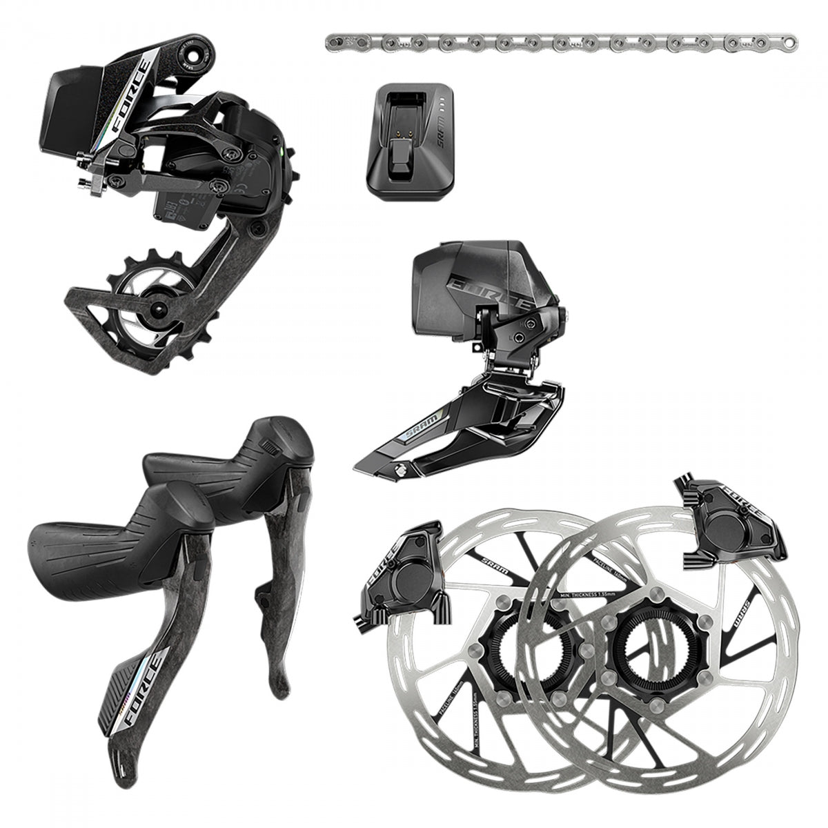 Group Kit Sram Force Etap AXS 2X E1 HRD SHIFTER/HYD ED FM FD/CHAIN 114L/RD 36T Max & BAT/FD & 160 CL Rotors & BAT/USB-C Charger & Cord (Q)